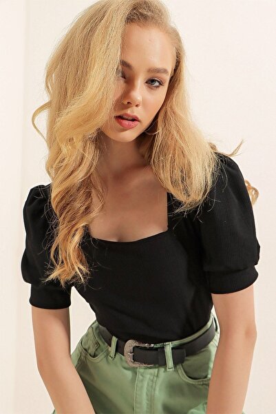 comstar Bluză neagră de bază cu mânecă scurtă pentru femei, cu guler pătrat