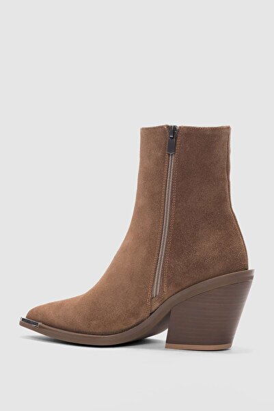 selinshoes Velisse Hakiki Deri Yandan Fermuarlı Sivri Burun Kadın Bot- TABA SÜET