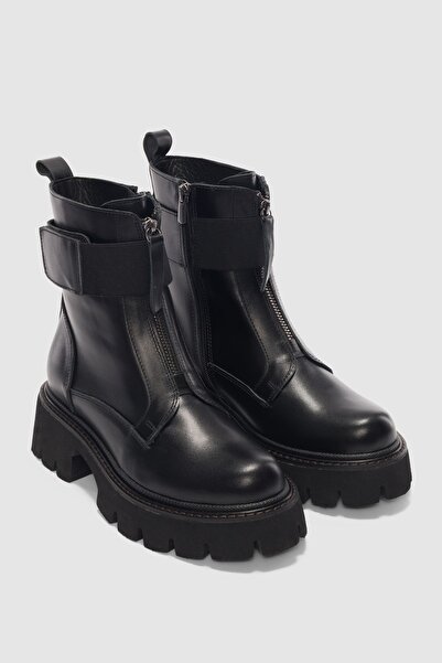 selinshoes Dorelle Genuine Leather Velcro Detailed Double Zipper Women's Boots - Black