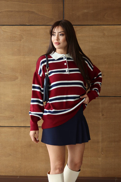 Balenbi Women's Polo Neck Oversized Striped Knitwear Sweater 1128