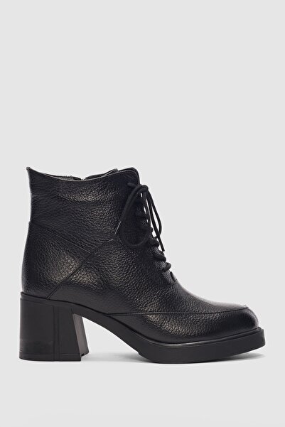 selin shoes Alyor Hakiki Deri Bağcıklı ve Yandan Fermuarlı Kadın Bot- SİYAH