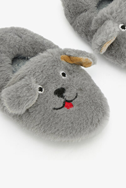 Penti Gray Boy's Soft Textured Home Booties with Bear Embroidery Detail