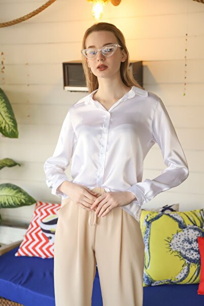 comstar Women's Stylish Shiny White Satin Shirt