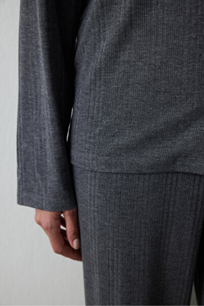 Penti Gri Melanj Fitilli Gömlek Yaka Uzun Kollu Pijama Takımı