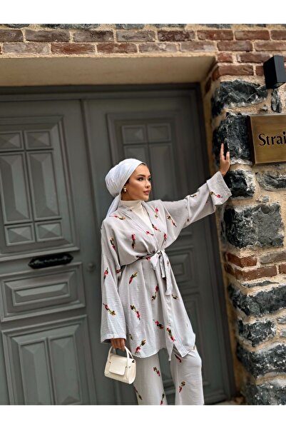 comstar Women's Hijab Kimono Loose Pants Gray Double Set