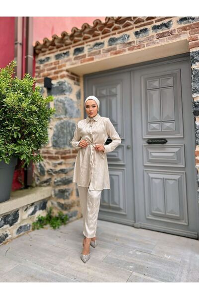 comstar Γυναικείο μακρυμάνικο μπουφάν Loose παντελόνι Κρεμ Σετ δύο τεμαχίων