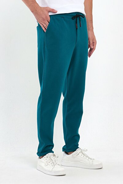 COMBİNE MİCHAİL Men's Jogger Pants - Lakos Pattern, Cotton, Elastic Waist and Drawstring, Petrol Blue