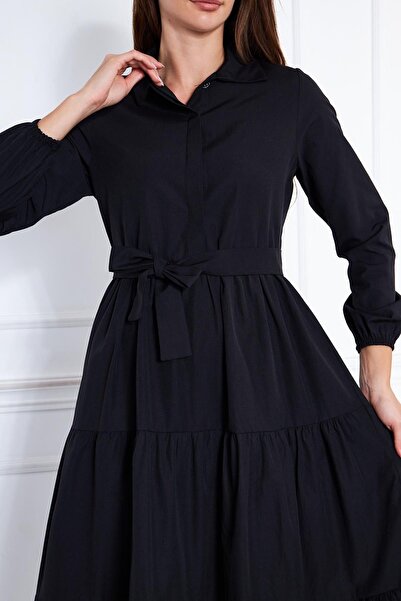 comstar Дамска стилна черна дълга рокля с многослойна яка