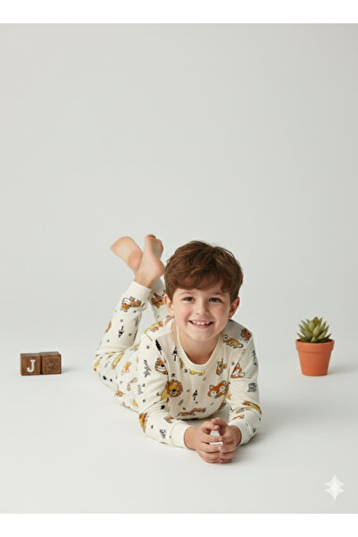 MADALİNA Boy's 100% Cotton Yellow Elephant Car Pattern Pajamas Set