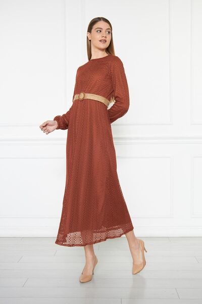 comstar Women's Patterned Basic Sleeve Elastic Brown Long Dress