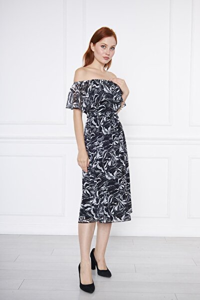 comstar Women's Madonna Collar Midi Length Black Chiffon Dress