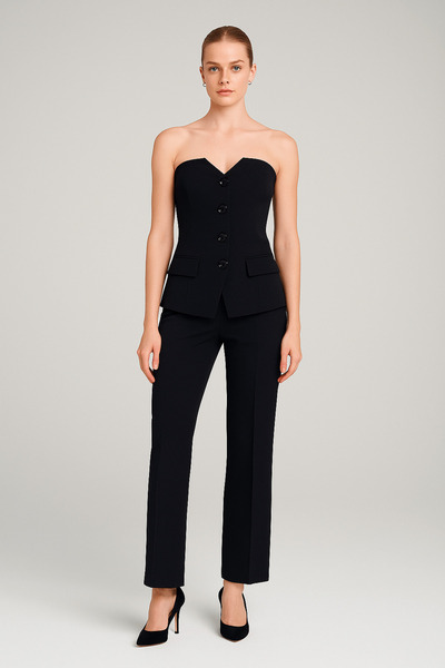 Setre Black Strapless Button Detailed Vest Trouser Suit
