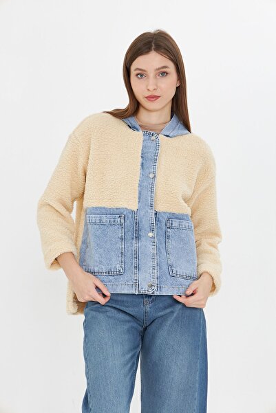 comstar Kadın Kapüşonlu Denim Detaylı Peluş Ceket