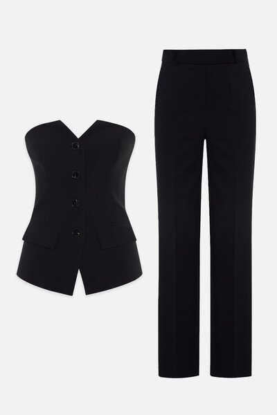 Setre Black Strapless Button Detailed Vest Trouser Suit