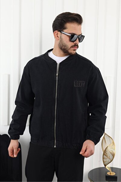 comstar Men's Oversize Casual Bomber Jean Black Zippered Denim Jacket