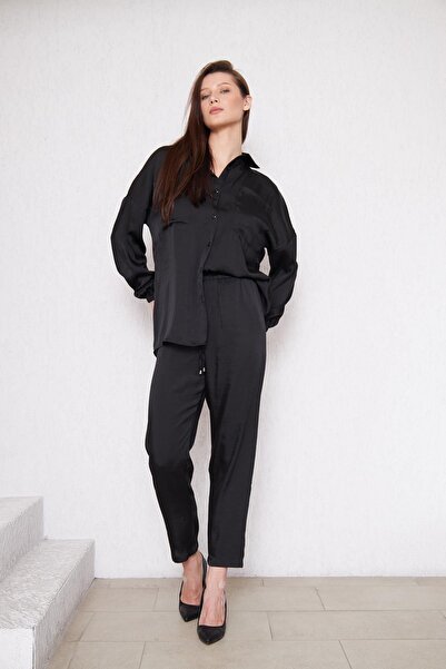 comstar Women's Oversize Shirt Elastic Waist Trousers Black Double Set