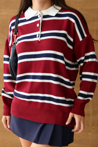 Balenbi Women's Polo Neck Oversized Striped Knitwear Sweater 1128