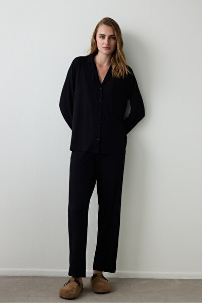 Penti Siyah Fitilli Gömlek Yaka Uzun Kollu Düğmeli Pijama Takımı