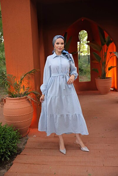 comstar Γυναικείο Trend Stylish Terikoton Μπλε Μακρύ Φόρεμα