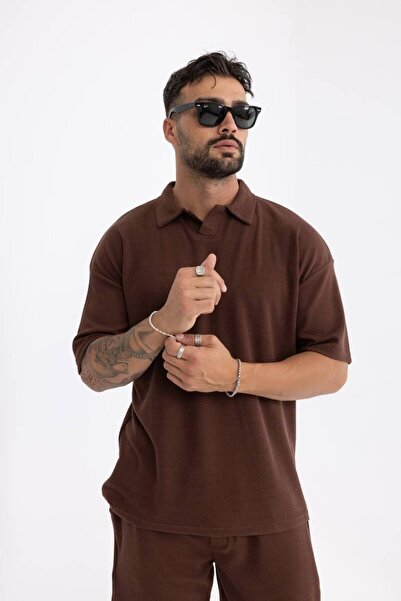 comstar Men's Basic Polo Neck T-Shirt Shorts Brown Double Set