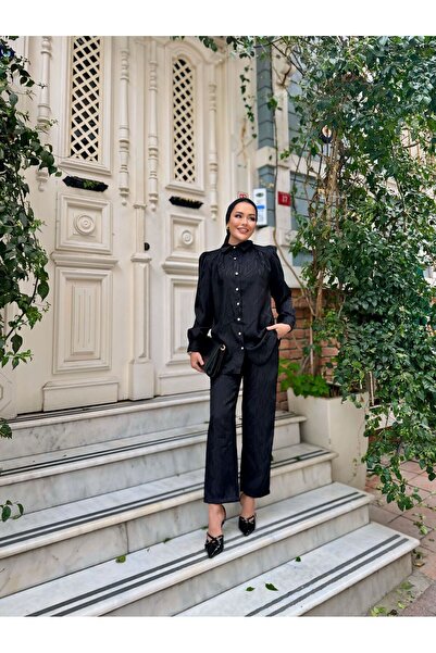 comstar Cămașă cu model pentru femei Pantaloni largi Partea de jos Partea de sus Set dublu negru