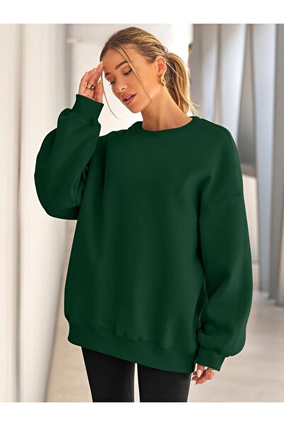 COMBINE Hanorac de damă cu gât crew, de bază, oversize, VERDE ÎNCHIS