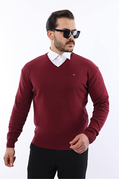 WOWA COMPANY Pulover de tricotaj de zi cu zi cu decolteu în V pentru bărbați