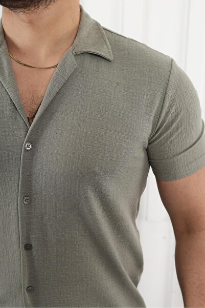 comstar Чоловіча сорочка з коротким рукавом із зеленого льону з візерунком
