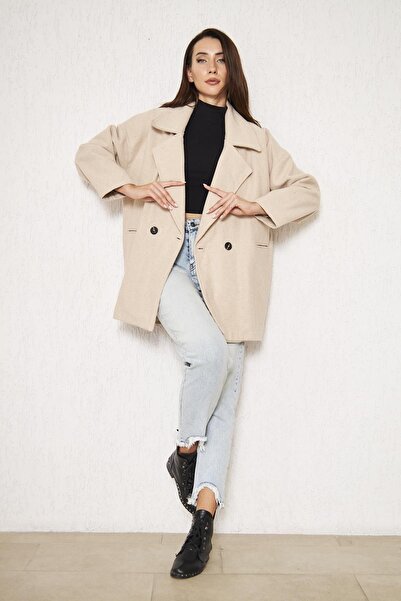 comstar Women's Trendy Buttoned Double Breasted Short Cream Cashmere Coat