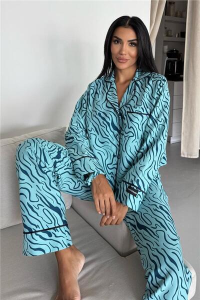 COCCOLARSI Eleganza Selvaggia Mavi Uzun Pijama Takımı