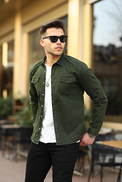 comstar Ανδρικό Slim Fit Basic μακρυμάνικο στενό χακί ελαστικό πουκάμισο