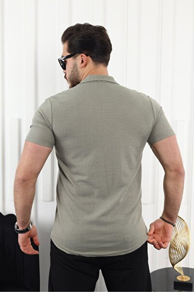 comstar Чоловіча сорочка з коротким рукавом із зеленого льону з візерунком