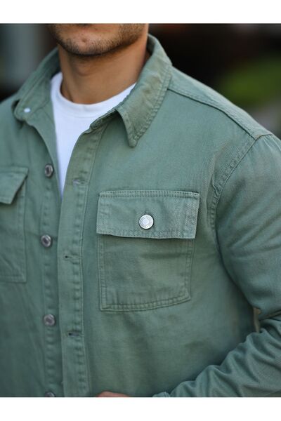 comstar Men's Oversize Cover Pocket Basic Loose Green Denim Shirt
