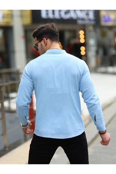 comstar Ανδρικό πουκάμισο με διπλό γιακά μακρυμάνικο μπλε λινό