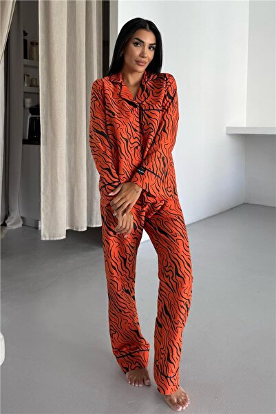 COCCOLARSI Eleganza Selvaggia Turuncu Uzun Pijama Takımı