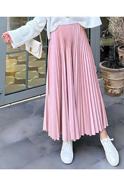 comstar Women's Basic High Waist Pleated Loose Pink Long Skirt