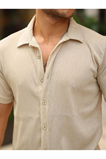 comstar Men's Summer Flexible Tight Basic Short Sleeve Cream Shirt