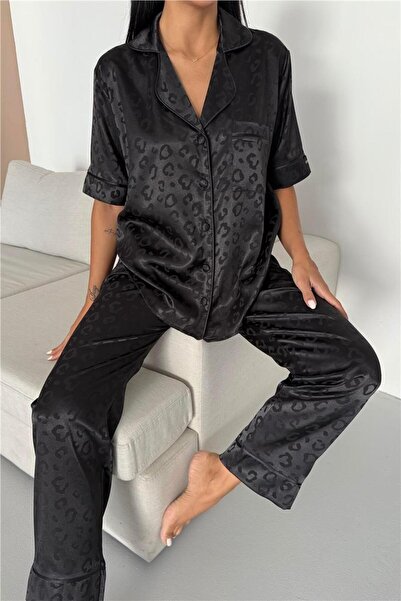 COCCOLARSI Tigre Affascinante Siyah Jakarlı Saten Kısa Kol Pantolon Pijama Ta...