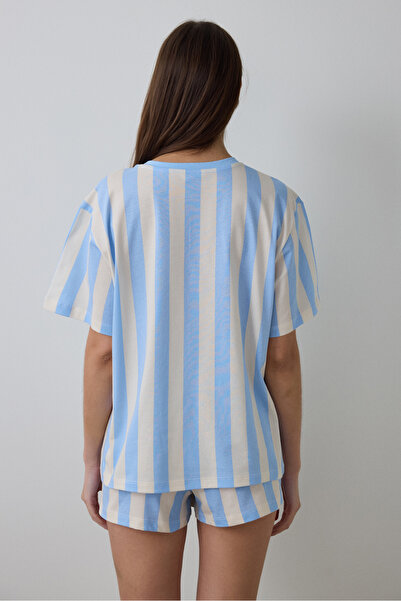 Penti Açık Mavi Cute To Work Pamuklu Çizgili Bisiklet Yaka Kısa Kollu Şortlu Pijama Takımı