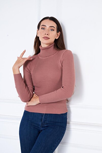 comstar Pulover de damă casual cu gât roțit cu guler roz