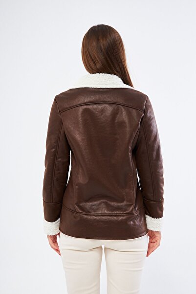 comstar Women's Double Breasted Fur Lined Pocket Brown Nubuck Coat