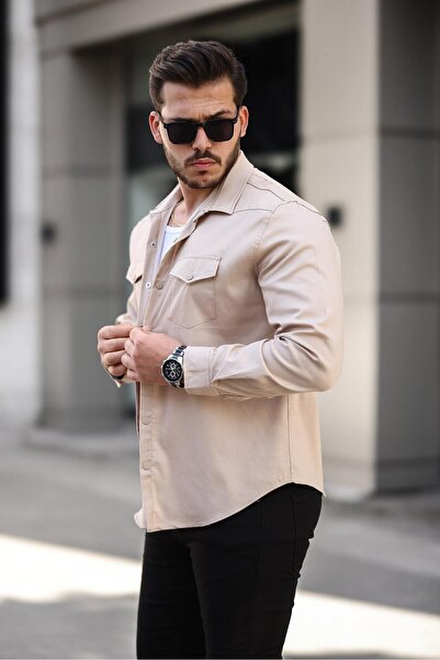 comstar Men's Seasonal Trendy Cream Denim Shirt with Pocket and Snaps