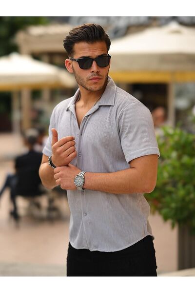 comstar Men's Summer Lycra Slim Fit Shirt Collar Short Sleeve Shirt