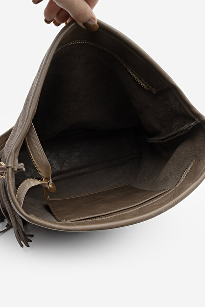 Marjin Women's Genuine Leather Tassel Detailed Hand and Shoulder Bag Soliga Mink Suede