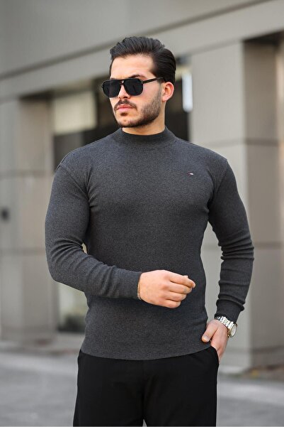 comstar Ανδρικό πλεκτό πουλόβερ με μισό ζιβάγκο βαμβακερό ανθρακί