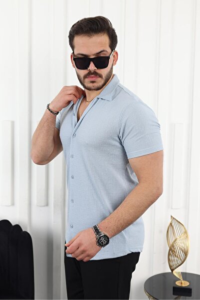 comstar Ανδρικό κοντομάνικο μπλε λινό πουκάμισο με μοτίβο