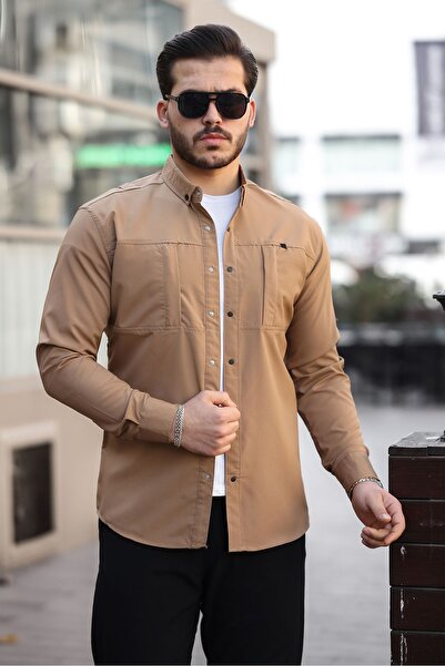 comstar Мъжка сезонна модерна кафява риза с скрит джоб и парашут