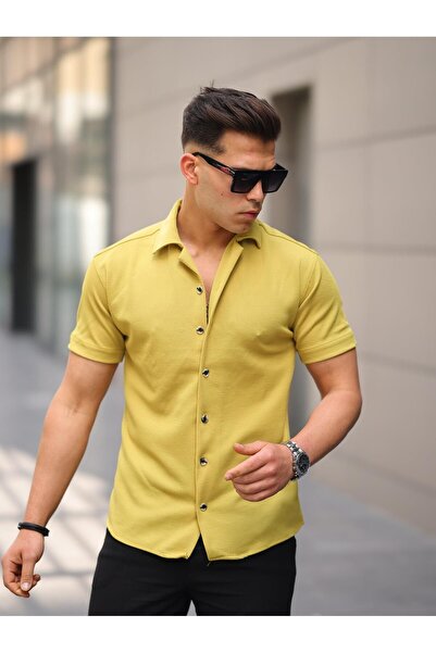 comstar Men's Summer Lycra Slim Fit Shirt Collar Short Sleeve Shirt