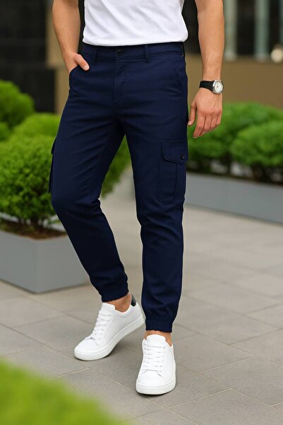 comstar Men's Basic Cargo Pocket Elastic Leg Navy Trousers