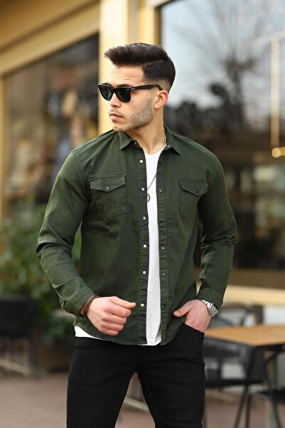 comstar Ανδρικό Slim Fit Basic μακρυμάνικο στενό χακί ελαστικό πουκάμισο